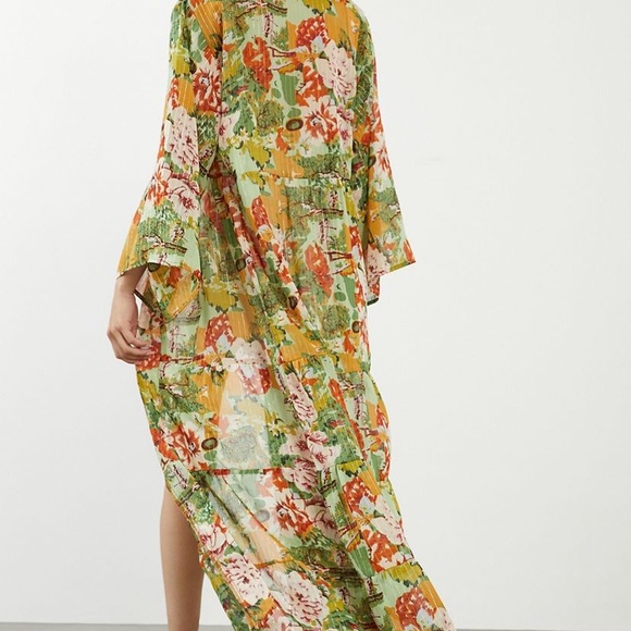 Anthropologie Floral Sheer Maxi Robe in Green, Orange, Pink - Picture 2 of 5